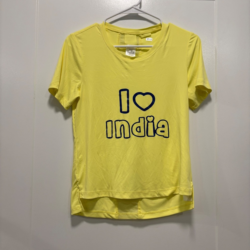 Decathlon Womens Yellow I Heart India Mesh‎ Back Activewear T-Shirt Size XS 1061